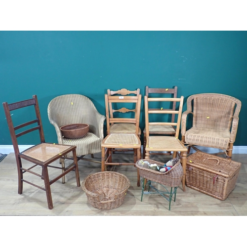 486 - Five cane-seated Bedroom Chairs, a Lloyd Loom Armchair, a cane Armchair, a cat Basket, a Picnic Bask... 