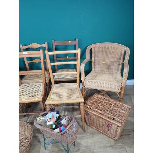 486 - Five cane-seated Bedroom Chairs, a Lloyd Loom Armchair, a cane Armchair, a cat Basket, a Picnic Bask... 