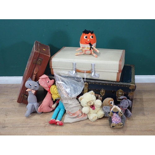 487 - Three Luggage Cases and a box of Vintage Soft Toys.