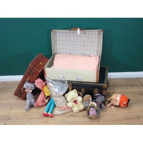 487 - Three Luggage Cases and a box of Vintage Soft Toys.