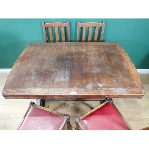 530 - An oak Draw-Leaf Dining Table and four Chairs, an oak Occasional Table, Stool and a Laundry Basket.