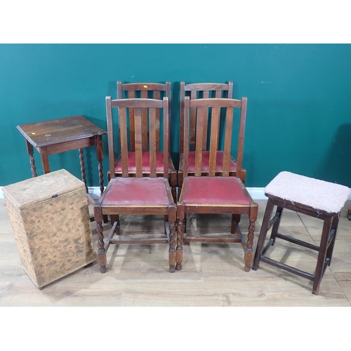 530 - An oak Draw-Leaf Dining Table and four Chairs, an oak Occasional Table, Stool and a Laundry Basket.