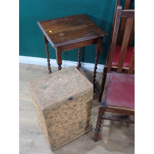 530 - An oak Draw-Leaf Dining Table and four Chairs, an oak Occasional Table, Stool and a Laundry Basket.