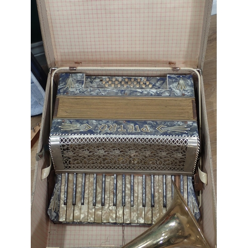 578 - A Pietro Piano Accordian in case, two Violins in cases, Zither and a brass Trombone