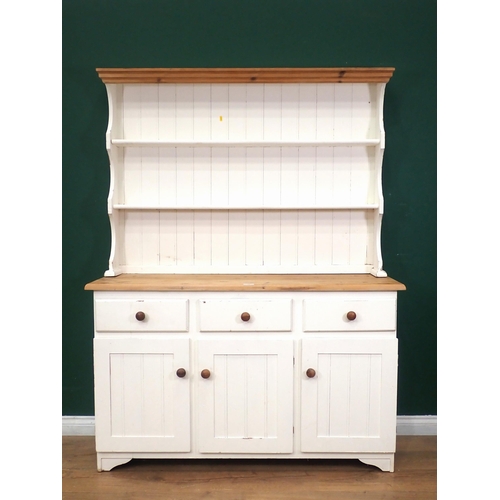 58 - A modern white painted Kitchen Dresser and Rack, the base fitted three drawers, above three cupboard... 