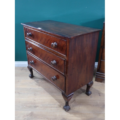 614 - A mahogany Chest of three drawers and cabriole supports, 2ft 10in W, an oak Chest of four drawers, 2... 