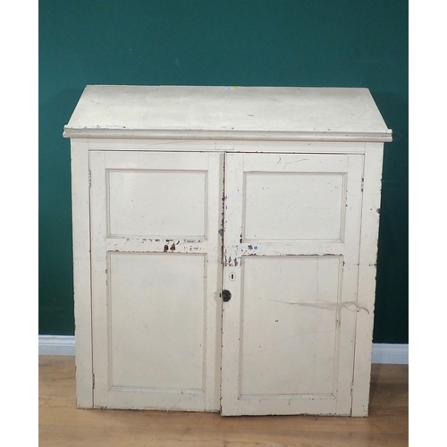 66 - A white painted pine Cupboard, the sloped top above pair of panelled doors enclosing, shelved and pi... 