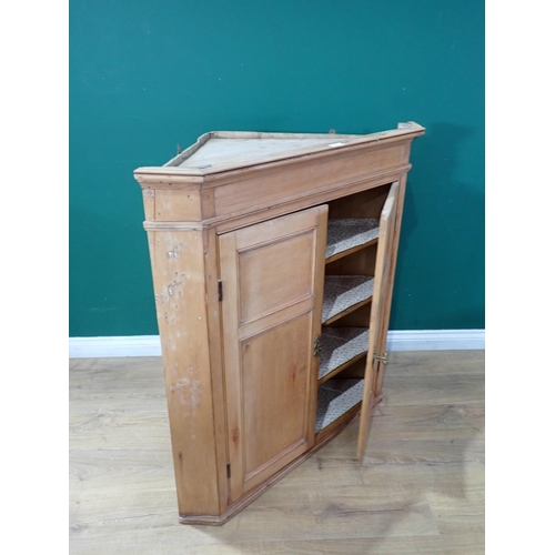 673 - A pine Hanging Corner Cupboard with pair of panelled doors enclosing three fitted shelves, 3ft 7