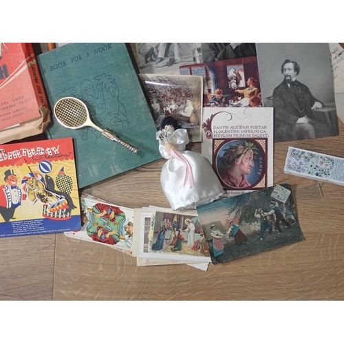 682 - A box of assorted Ephemera, playing cards, Children's Book, a flag, Handkerchief.