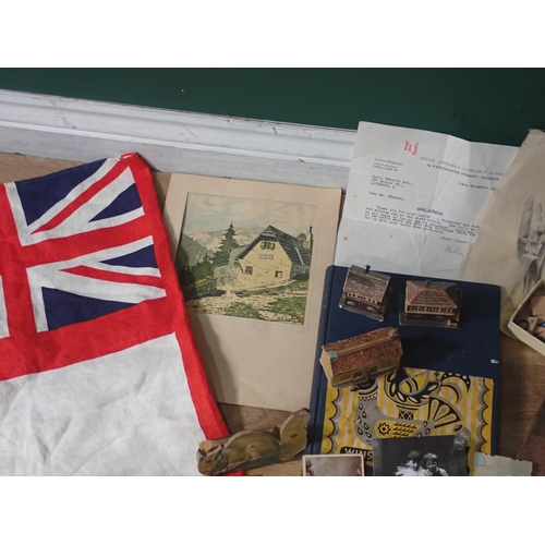 682 - A box of assorted Ephemera, playing cards, Children's Book, a flag, Handkerchief.