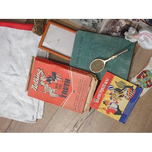 682 - A box of assorted Ephemera, playing cards, Children's Book, a flag, Handkerchief.