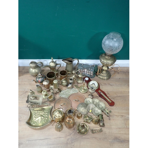 686 - A box of brassware including, Kettles, Grain Jug, Oil Lamp, Fox Letter Rack, Barometer, Lilliput Lan... 