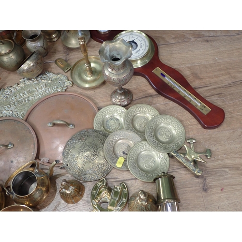 686 - A box of brassware including, Kettles, Grain Jug, Oil Lamp, Fox Letter Rack, Barometer, Lilliput Lan... 