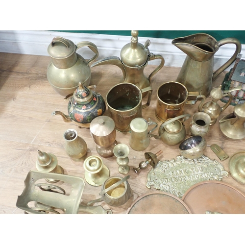 686 - A box of brassware including, Kettles, Grain Jug, Oil Lamp, Fox Letter Rack, Barometer, Lilliput Lan... 