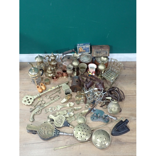 687 - A box of assorted Metalware including, Candlesticks, Kettles, two oak Biscuit Barrels, Vases, Irons,... 