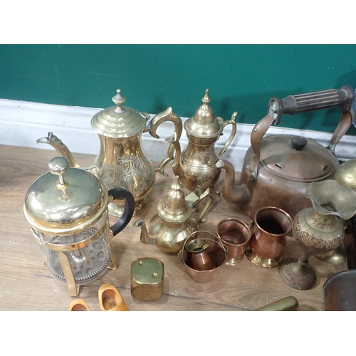 687 - A box of assorted Metalware including, Candlesticks, Kettles, two oak Biscuit Barrels, Vases, Irons,... 