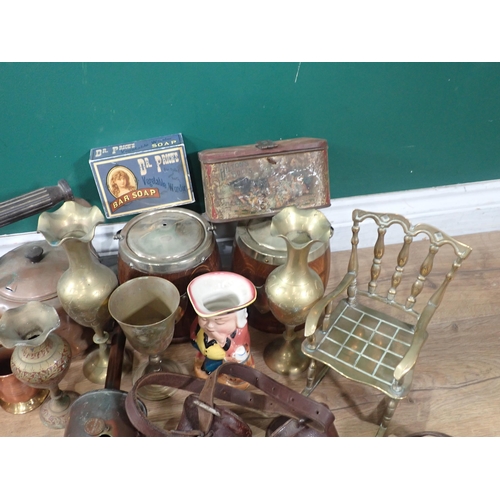 687 - A box of assorted Metalware including, Candlesticks, Kettles, two oak Biscuit Barrels, Vases, Irons,... 