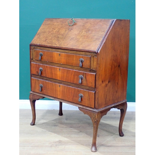 8 - A walnut Bureau of three drawers supported with cabriole legs, 3ft 2