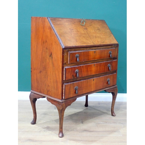 8 - A walnut Bureau of three drawers supported with cabriole legs, 3ft 2