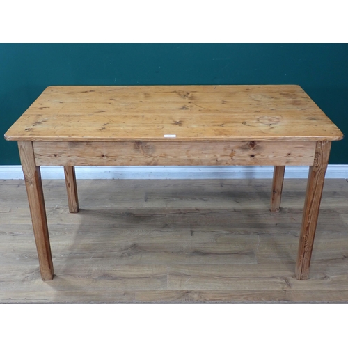 88 - A pine Kitchen Table, with single fitted drawer on square supports, 4ft 7