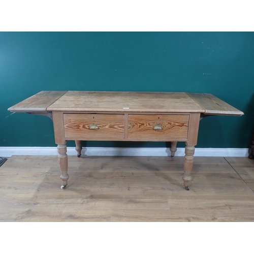 96 - A Victorian pine Kitchen Dropleaf Table, with two fitted drawers, on turned supports and castors, 4f... 