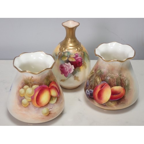 276 - Two small Royal Worcester Vases with gilded flared rims, painted still life of fruit, signed by diff... 