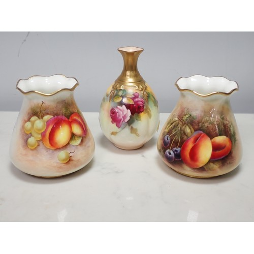 276 - Two small Royal Worcester Vases with gilded flared rims, painted still life of fruit, signed by diff... 