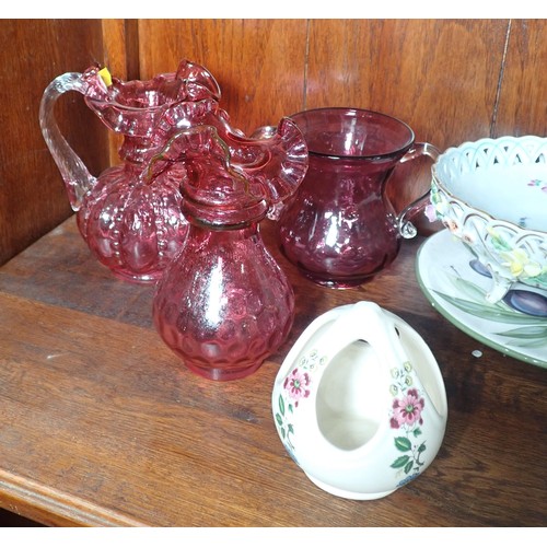 288 - Two cranberry Glass Vases, a cranberry glass Jug, a floral encrusted Dresden Bowl, a miniature Coffe... 