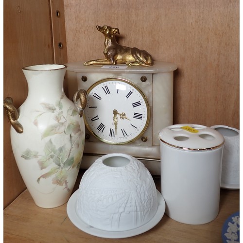 290 - A German battery Mantel Clock with Dog surmount, two Wedgewood Dishes, a Royal China Works Worcester... 