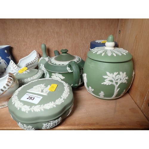 293 - Two Wedgewood Jasperware lidded Dishes, a Wedgewood Teapot, a Royal Doulton Cat A/F, a Beswick Bullf... 