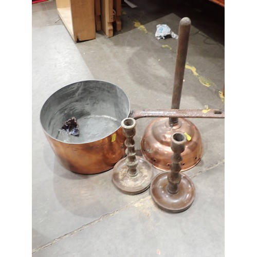 353 - A copper Washing Dolly, a copper Saucepan, a Bayonet, etc