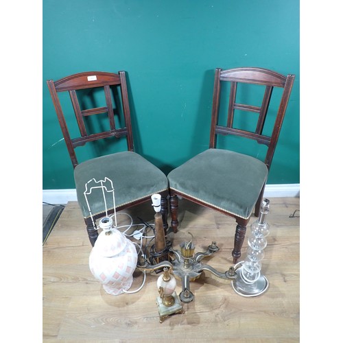 717 - A Pair of mahogany chairs with upholstered seats and three table lamps and a ceiling light (failed P... 