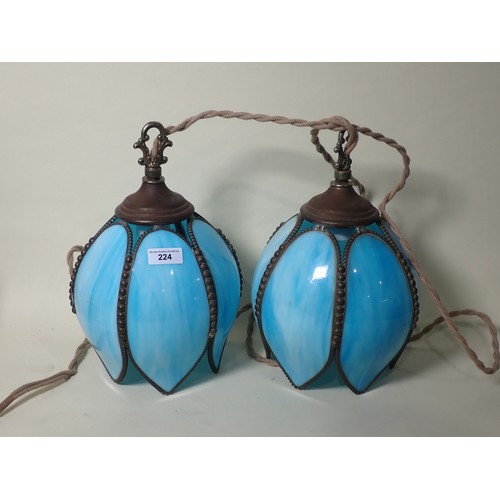 224 - A pair of antique blue vaseline glass Ceiling Lights in the form of snakeshead fritillary flower hea... 