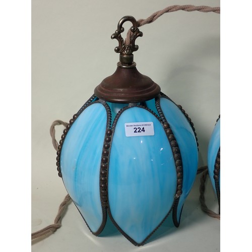 224 - A pair of antique blue vaseline glass Ceiling Lights in the form of snakeshead fritillary flower hea... 