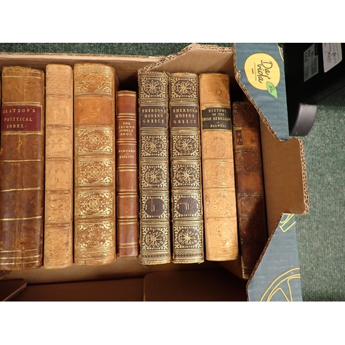 1074 - Box of leather bound volumes including MAXWELL, History of Irish Rebellion, KIPLING, 2nd Jungle Book... 