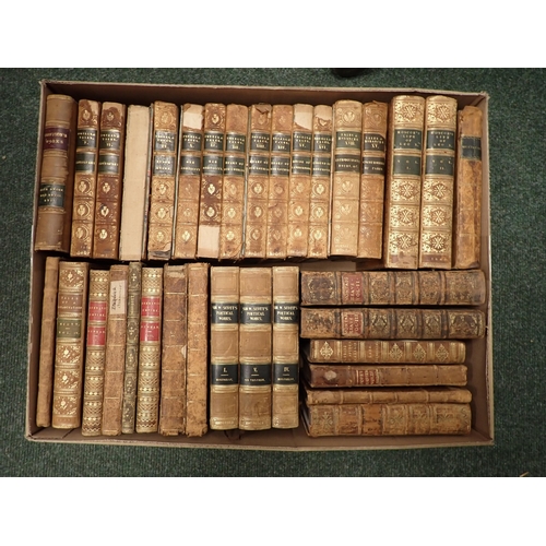 1075 - Box of leather bound volumes including SCOTT, various, TENNYSON, POPES Horner, etc; (box)