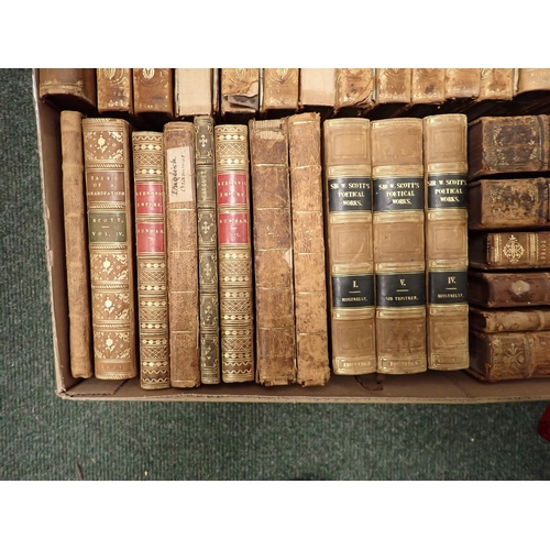 1075 - Box of leather bound volumes including SCOTT, various, TENNYSON, POPES Horner, etc; (box)