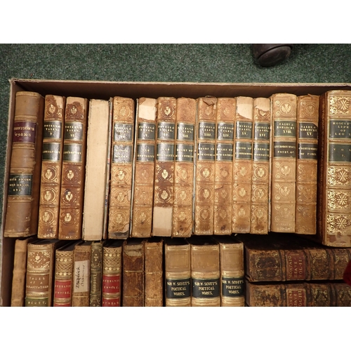 1075 - Box of leather bound volumes including SCOTT, various, TENNYSON, POPES Horner, etc; (box)