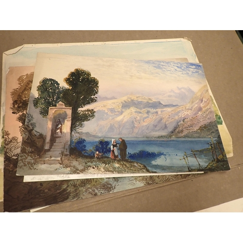 1087 - A folio Album of watercolours, landscapes, buildings, people, some pencil drawings, etc; (1)