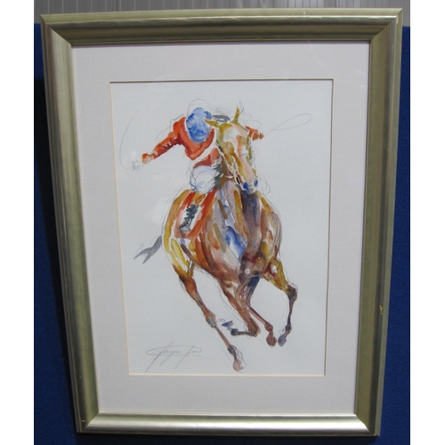 1147 - JACQUIE JONES (b.1961). Racehorse and Jockey - 'All Out', pencil and watercolour, signed, 14 x 9¾in