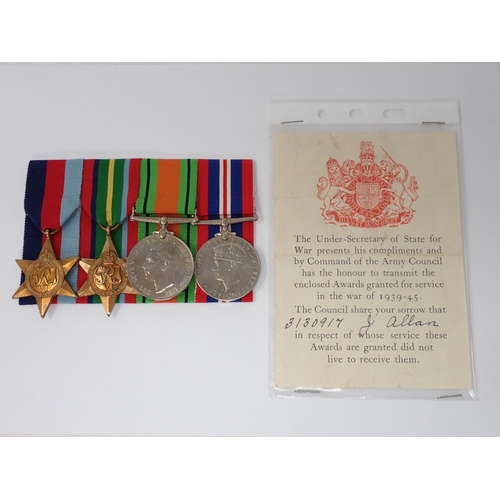 1181 - Four: 3130917 Private John Allan, Argyll and Sutherland Highlanders. 1939-45 Star; Pacific Star; Def... 