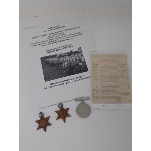 1233 - Three: 1939-45 Star; France and Germany Star and War Medal to 14695834 Private Joseph Brew, 6th Batt... 