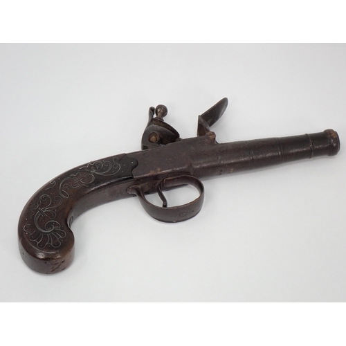 1249 - A Queen Anne cannon barrelled boxlock flintlock Pistol by Thomas, silver wire inlaid butt