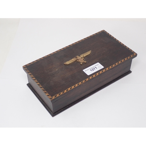 1271 - A wooden Box with two compartments for cards or cigarettes with German Eagle and Swastika Badge atta... 