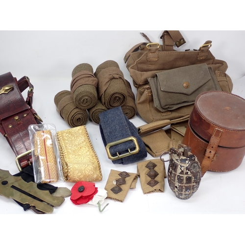 1294 - A box of military items including deactivated Hand Grenade, Officer's Stove in leather case, Sam Bro... 