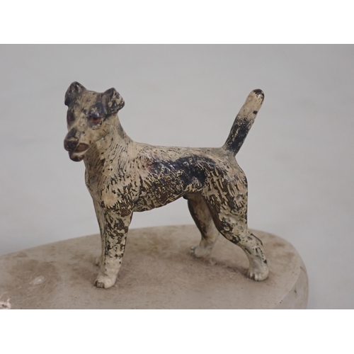 1357 - Three cold painted bronze Dogs including, Fox Terrier, Patterdale and another mounted on onyx Ashtra... 