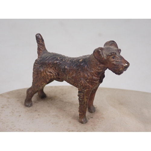 1357 - Three cold painted bronze Dogs including, Fox Terrier, Patterdale and another mounted on onyx Ashtra... 