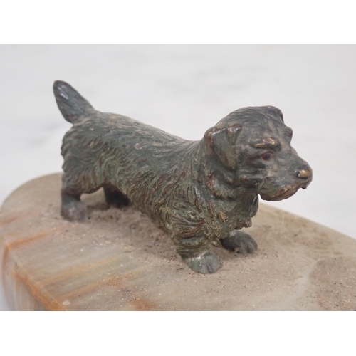 1357 - Three cold painted bronze Dogs including, Fox Terrier, Patterdale and another mounted on onyx Ashtra... 