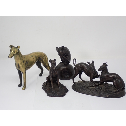 1401 - A hollow cast bronze Sculpture of two Whippets with a tortoise (one tail missing) 6 1/2in W, a bronz... 