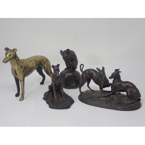 1401 - A hollow cast bronze Sculpture of two Whippets with a tortoise (one tail missing) 6 1/2in W, a bronz... 